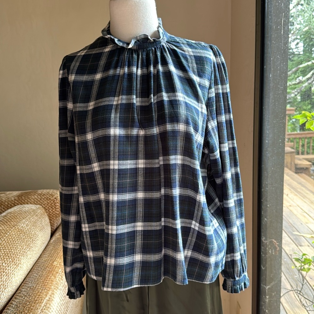 Trovata Birds of Paradise plaid flannel blouse.